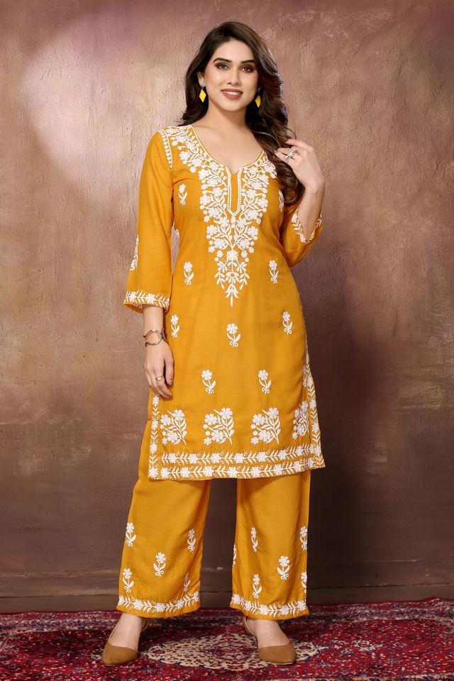 designer chikankari lucknowi embroidered rayon kurta with pant