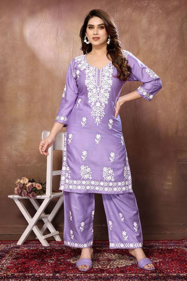 designer chikankari lucknowi embroidered rayon kurta with pant