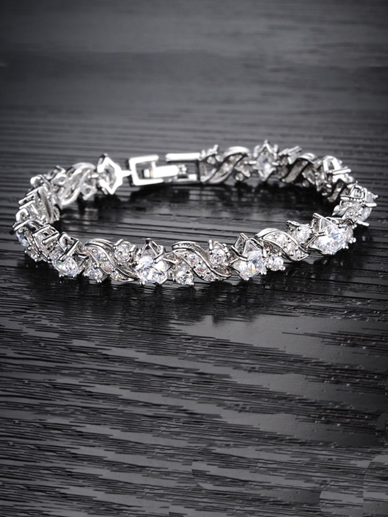 designer clear crystals studded silver -toned glimmering tennis bracelet