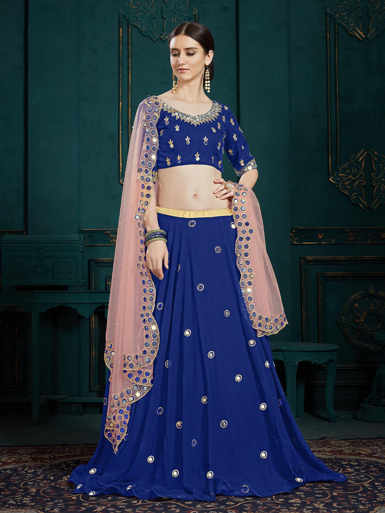 designer dark blue sequins semi stitched lehenga with unstitched blouse (set of 3)