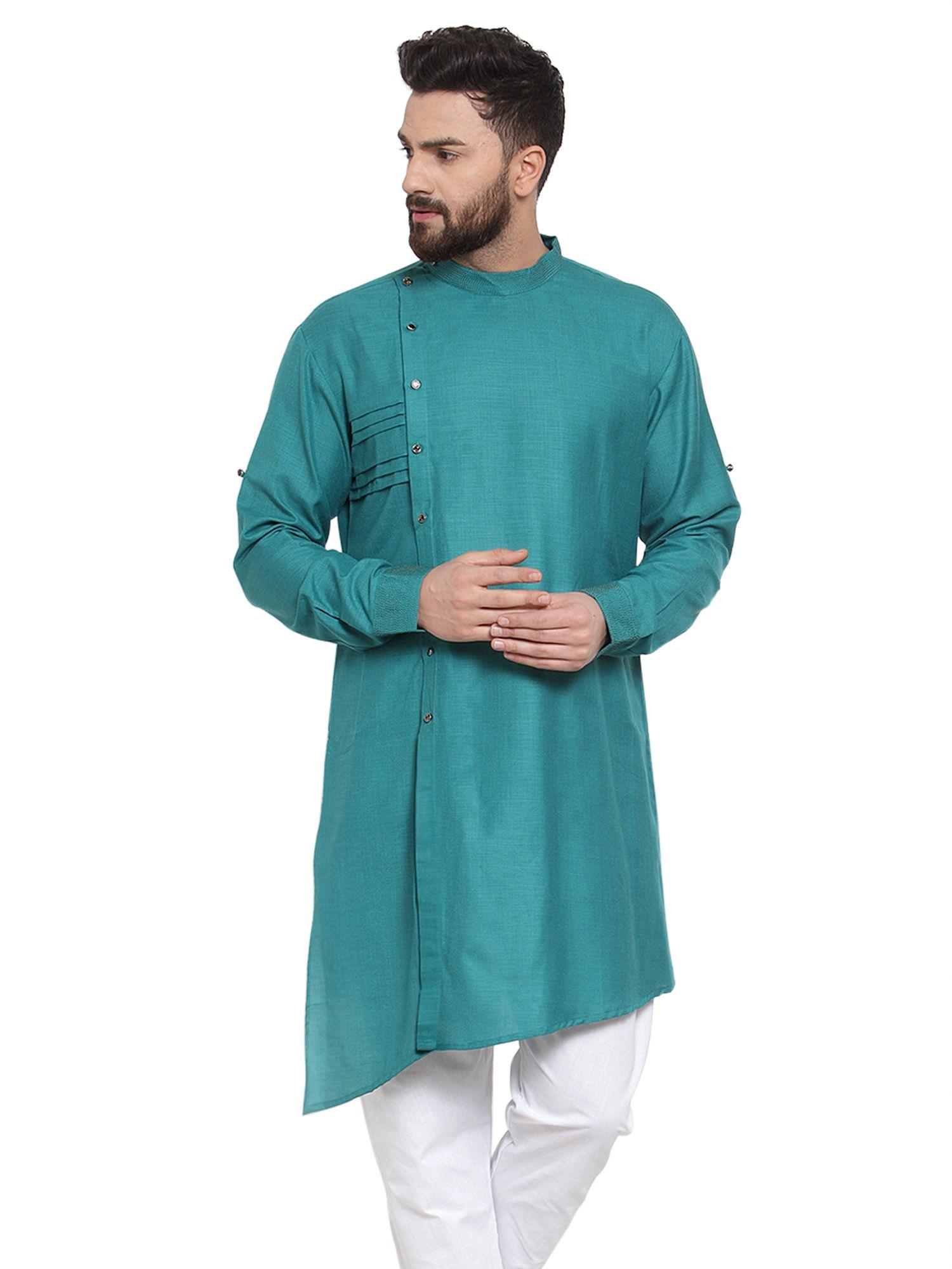 designer green linen kurta for men