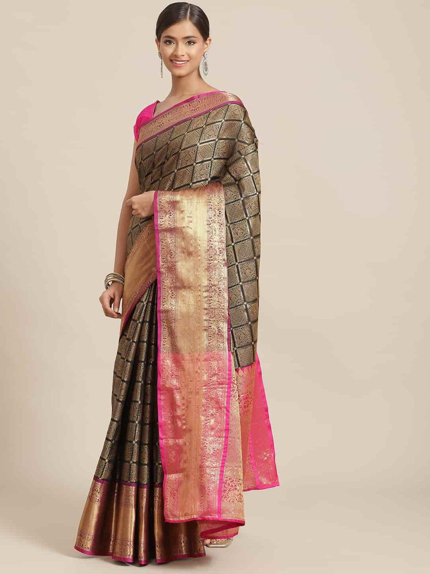 designer heavy weaving work banarasi silk saree black with unstitched