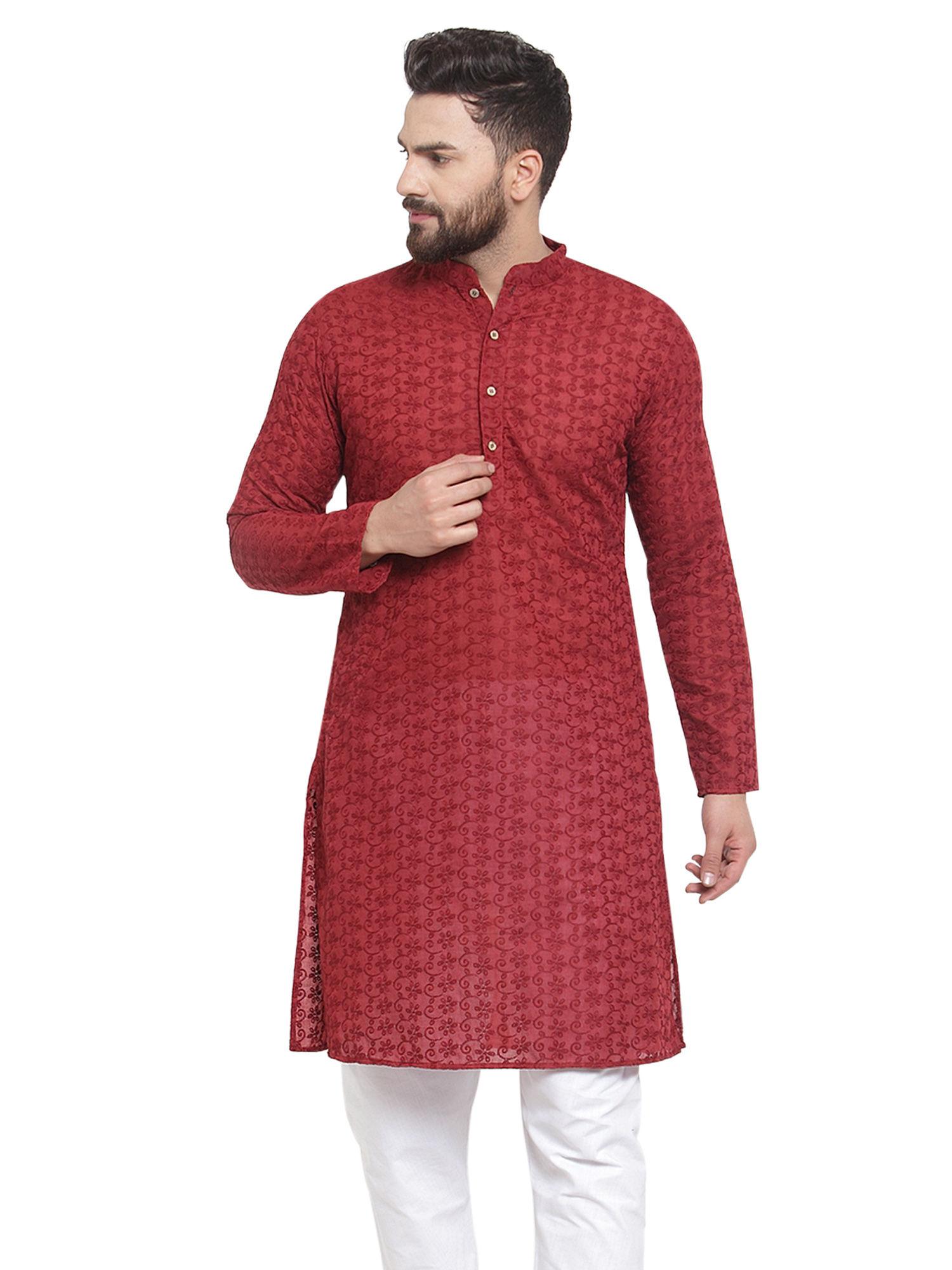 designer maroon chikankari cotton kurta for men