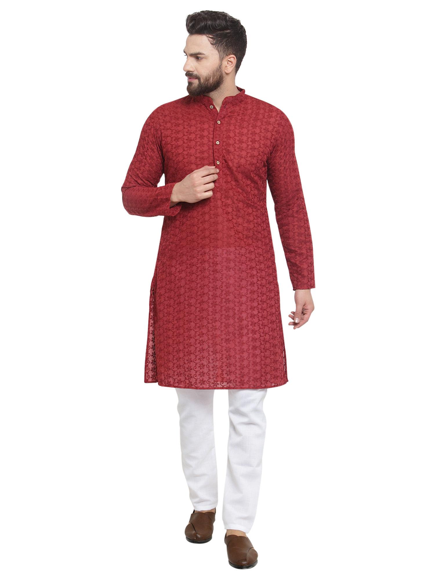 designer maroon chikankari cotton kurta with aligarh pyjama set for men (set of 2)