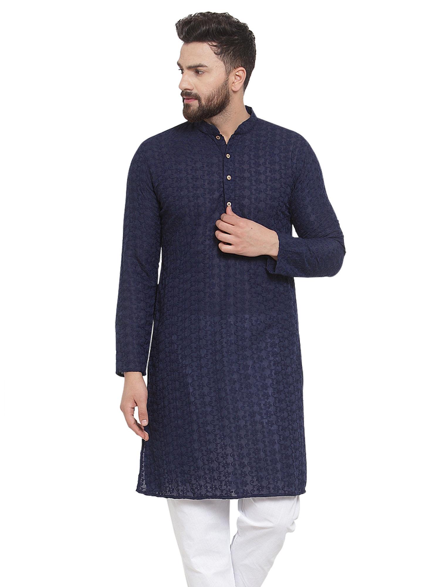 designer navy blue chikankari cotton kurta for men