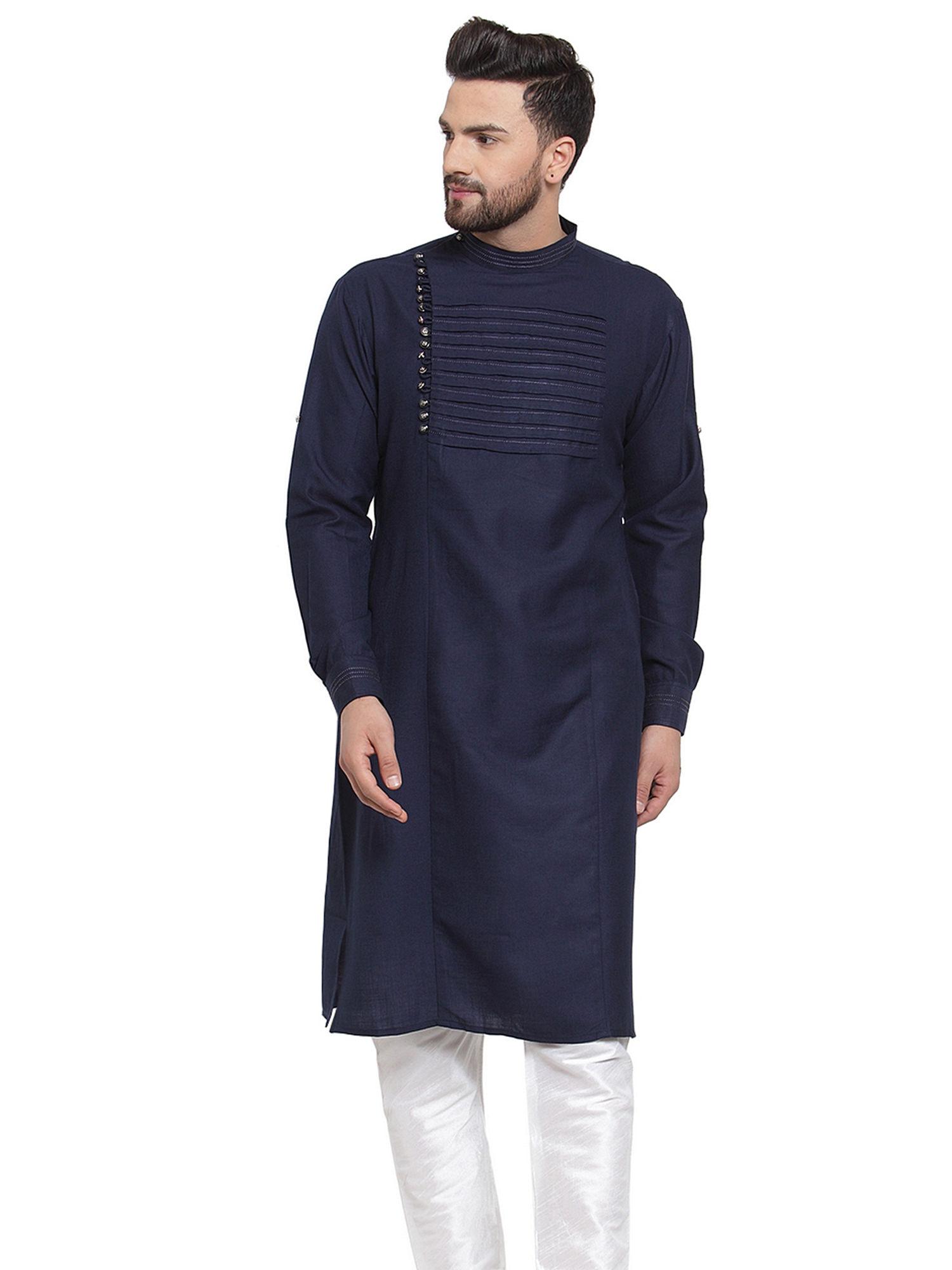 designer navy blue linen kurta for men