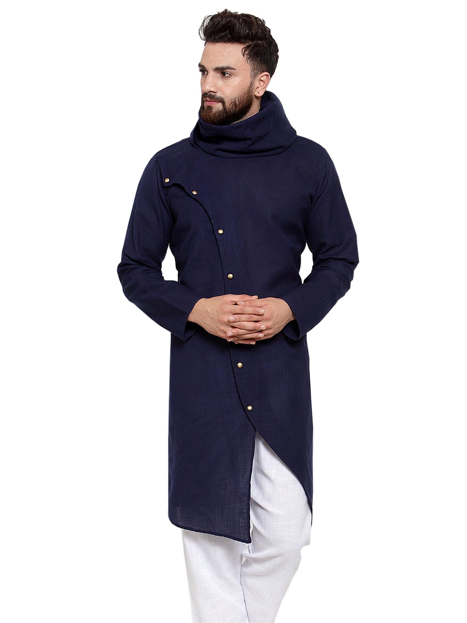 designer navy blue linen kurta for men