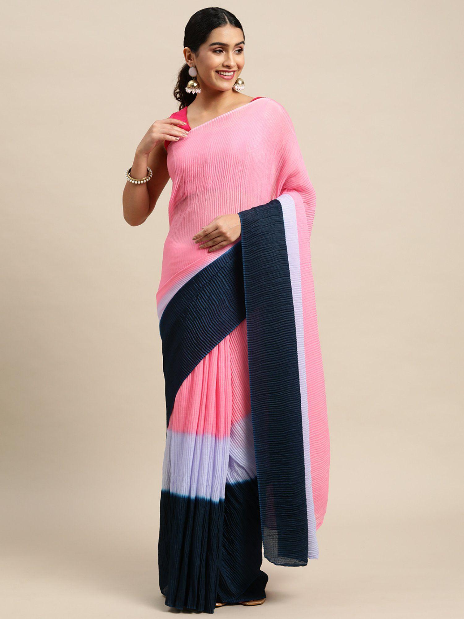 designer pink and blue colorblocked pure chiffon saree with unstitched blouse