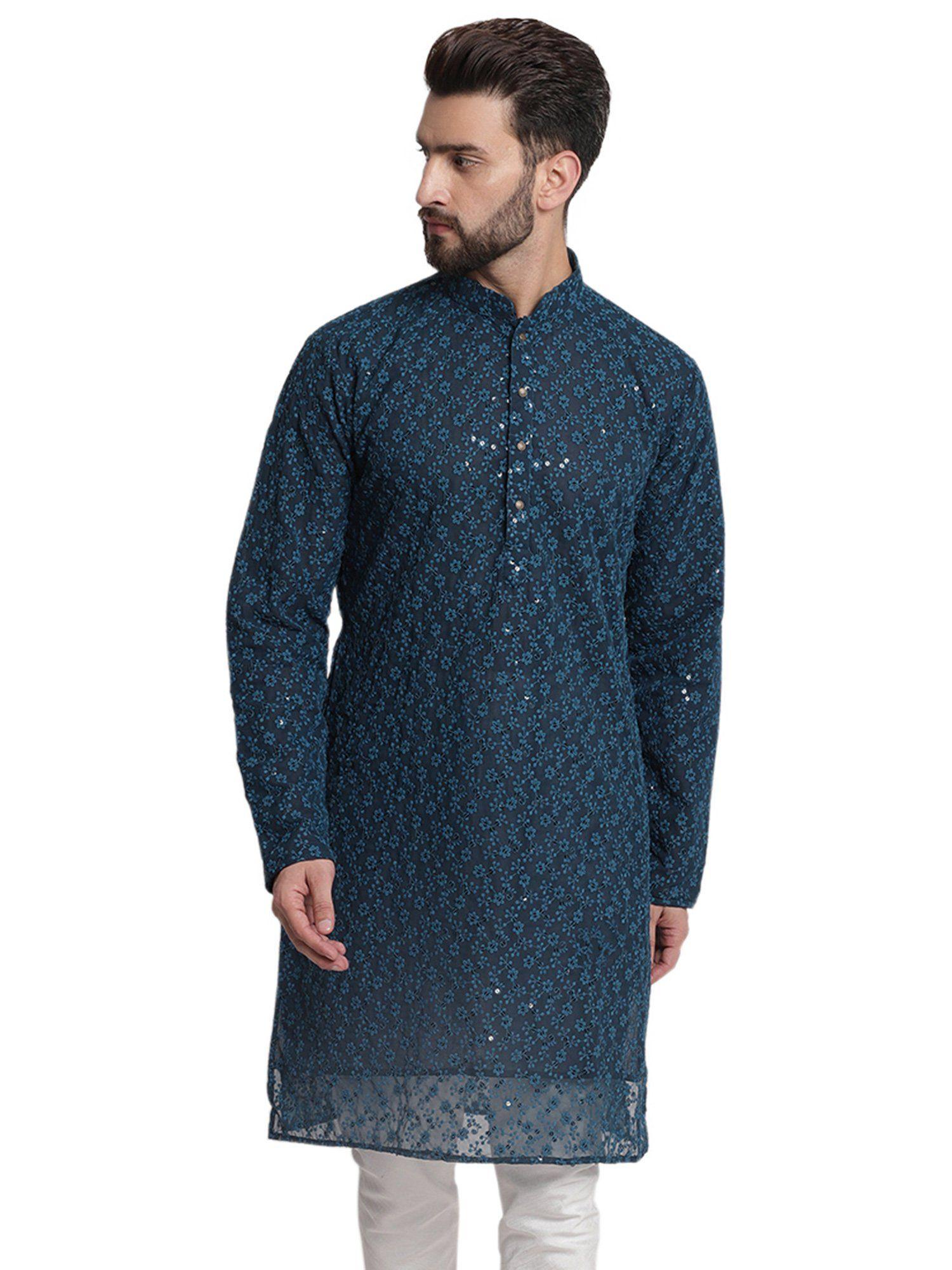 designer teal georgette chikankari kurta for men