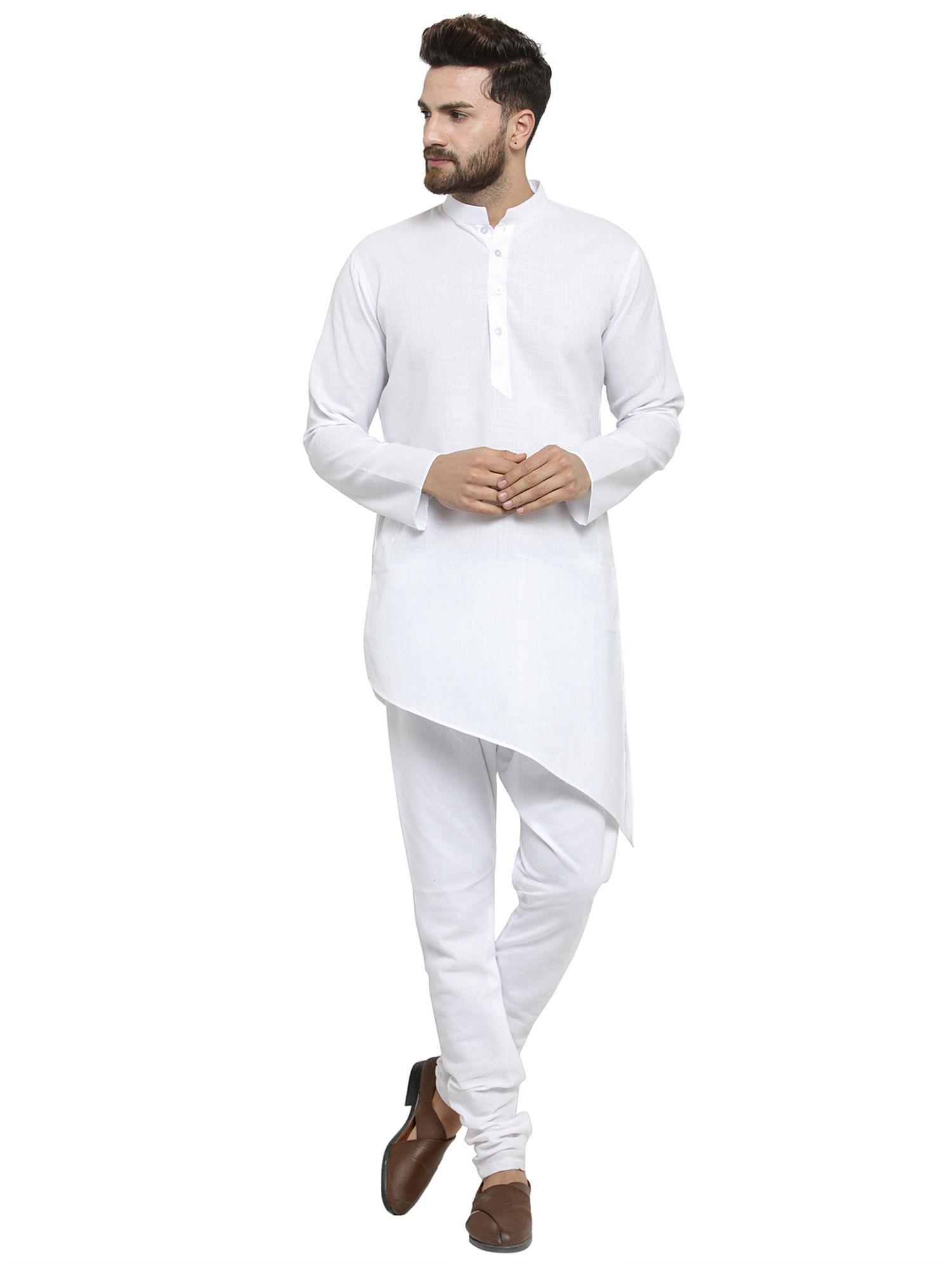 designer white linen kurta with churidar for men (set of 2)