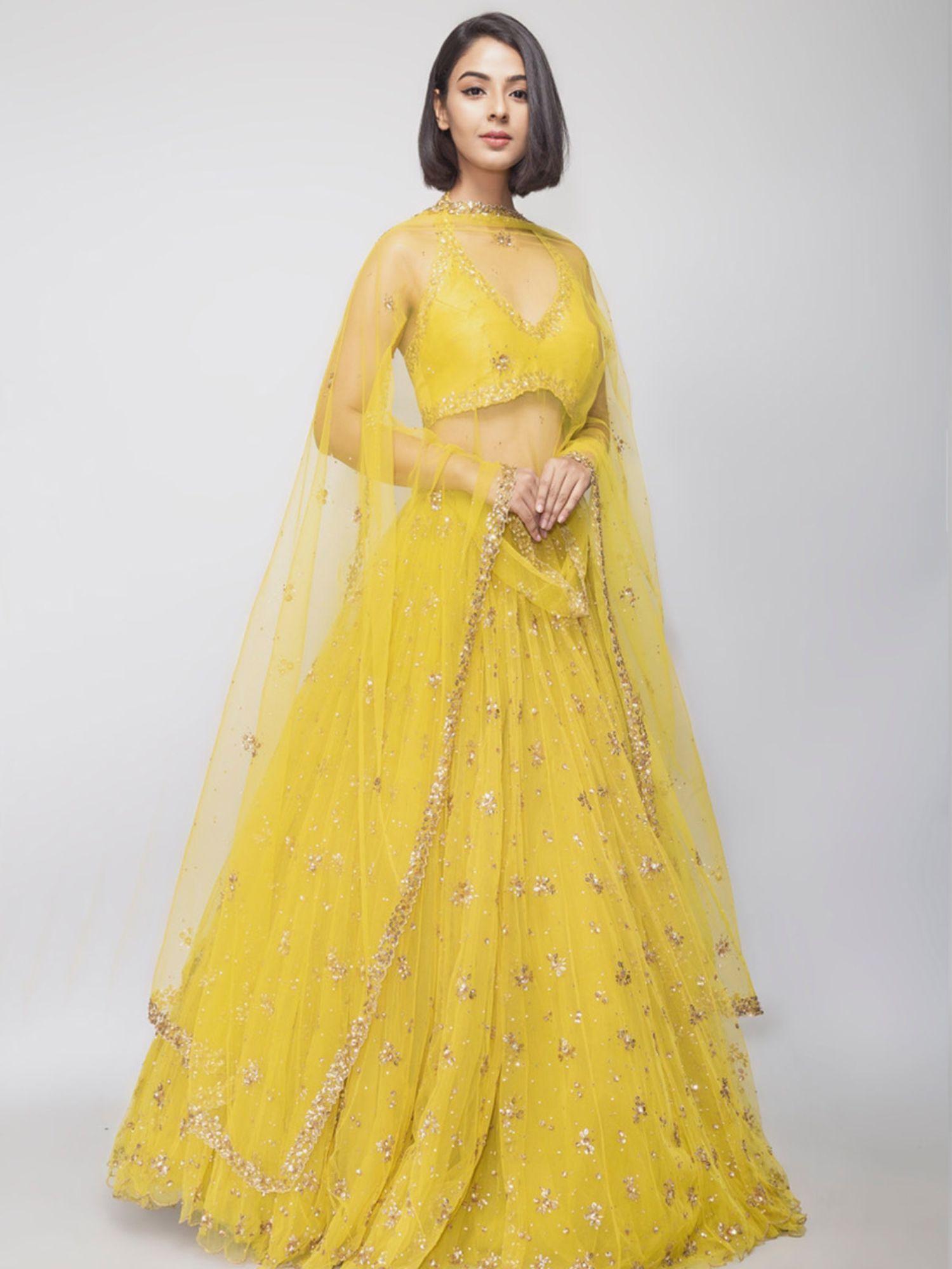 designer yellow net semi stitched lehenga with unstitched blouse (set of 3)