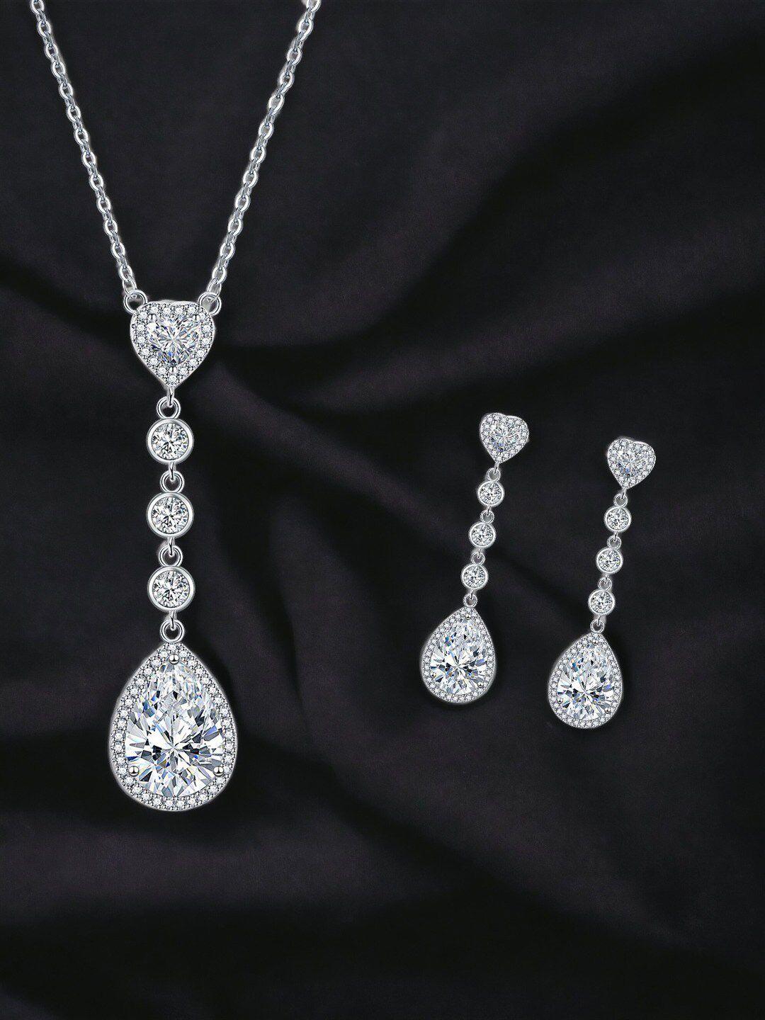 designs & you silver plated cubic zirconia stone studded teardrop necklace jewellery set