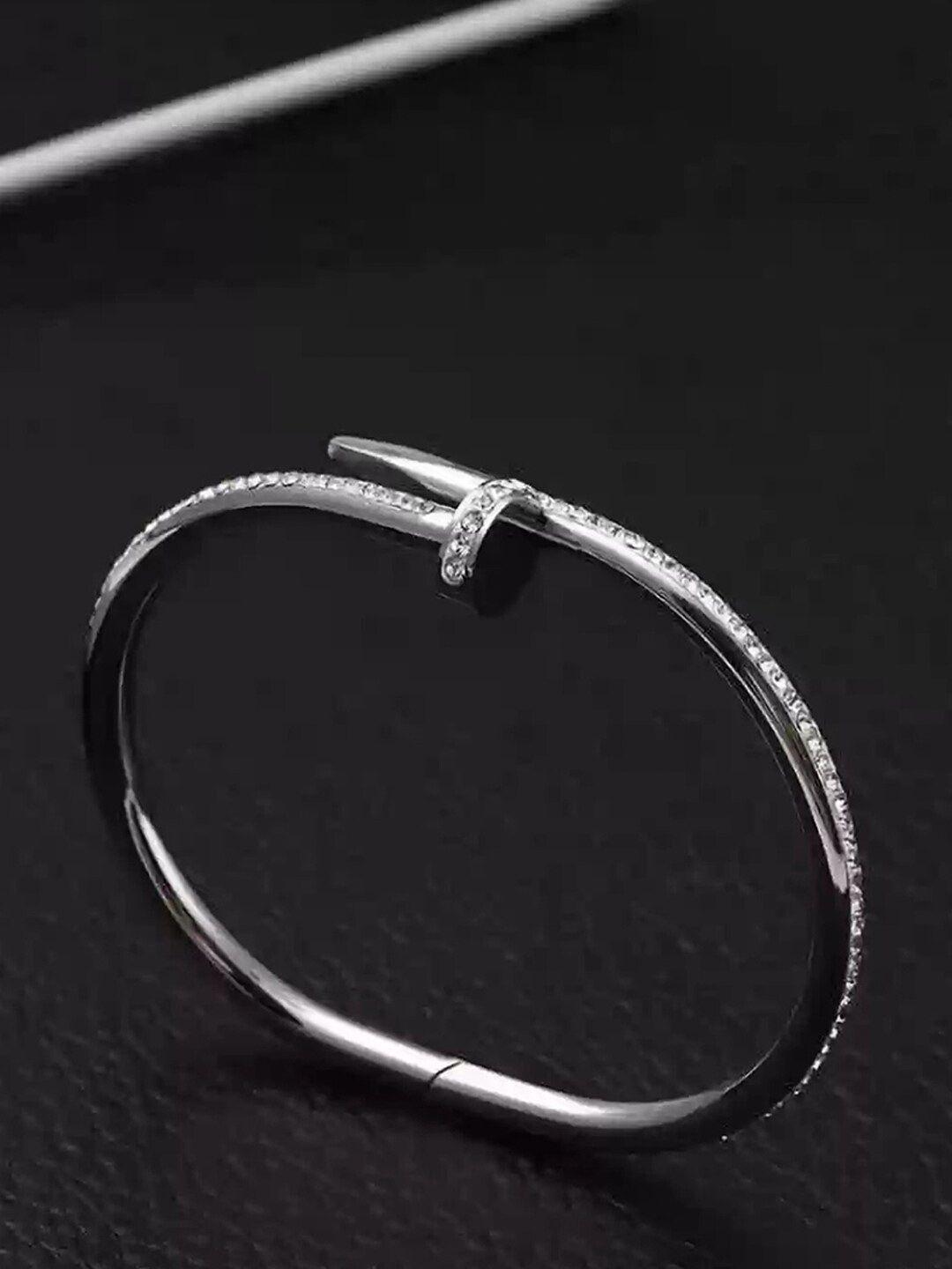 designs & you women silver-toned & white american diamond silver-plated cuff bracelet