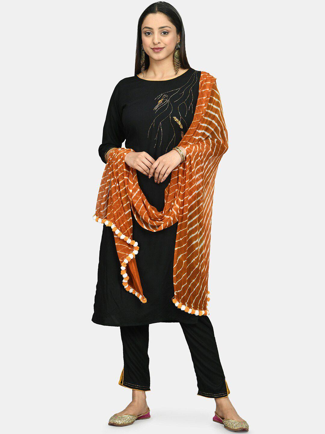 desinoor com women black & orange embellished kurta with trousers & dupatta