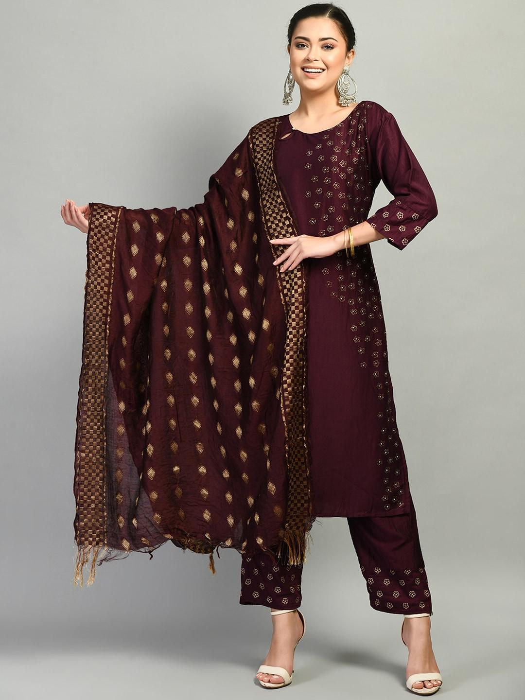 desinoor com women brown floral printed beads and stones kurta with trousers & with dupatta