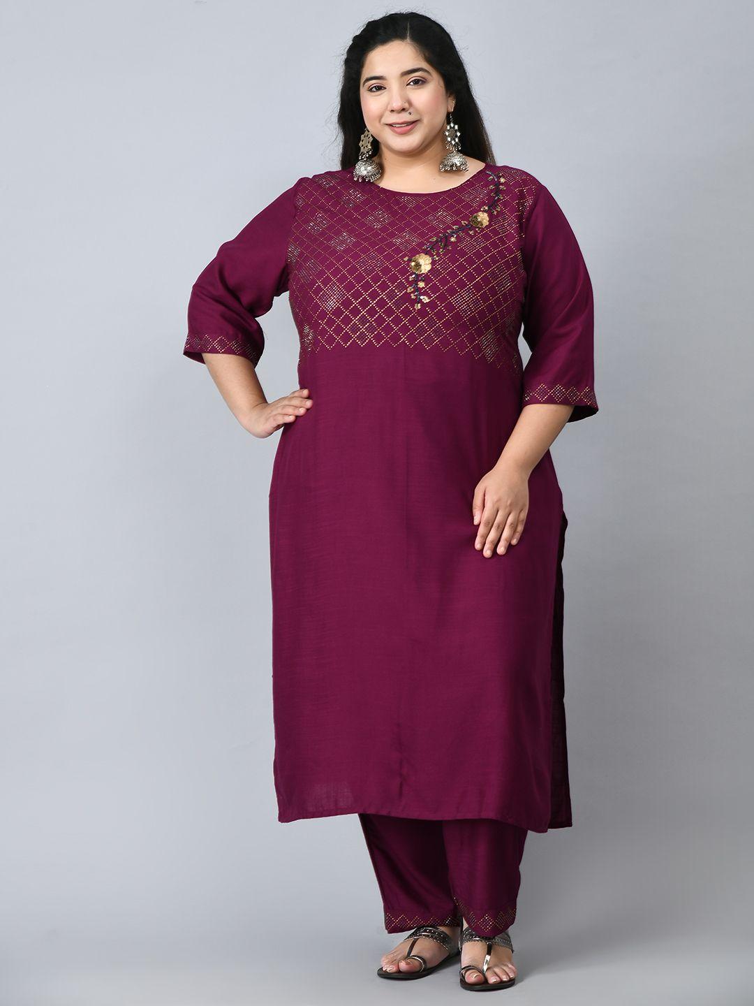 desinoor com women burgundy embellished kurta with trousers