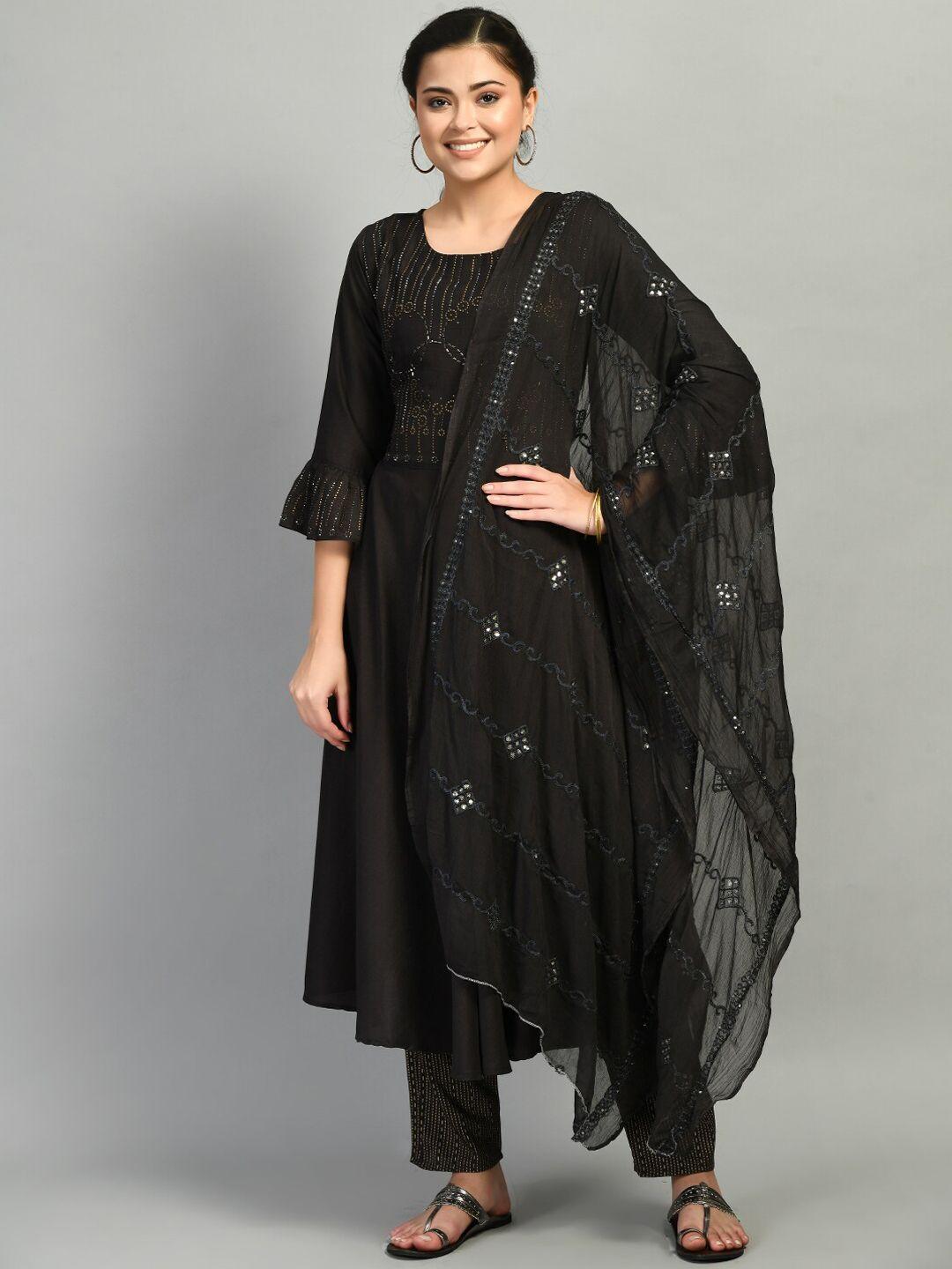 desinoor com women charcoal embroidered beads and stones kurta with trousers & dupatta