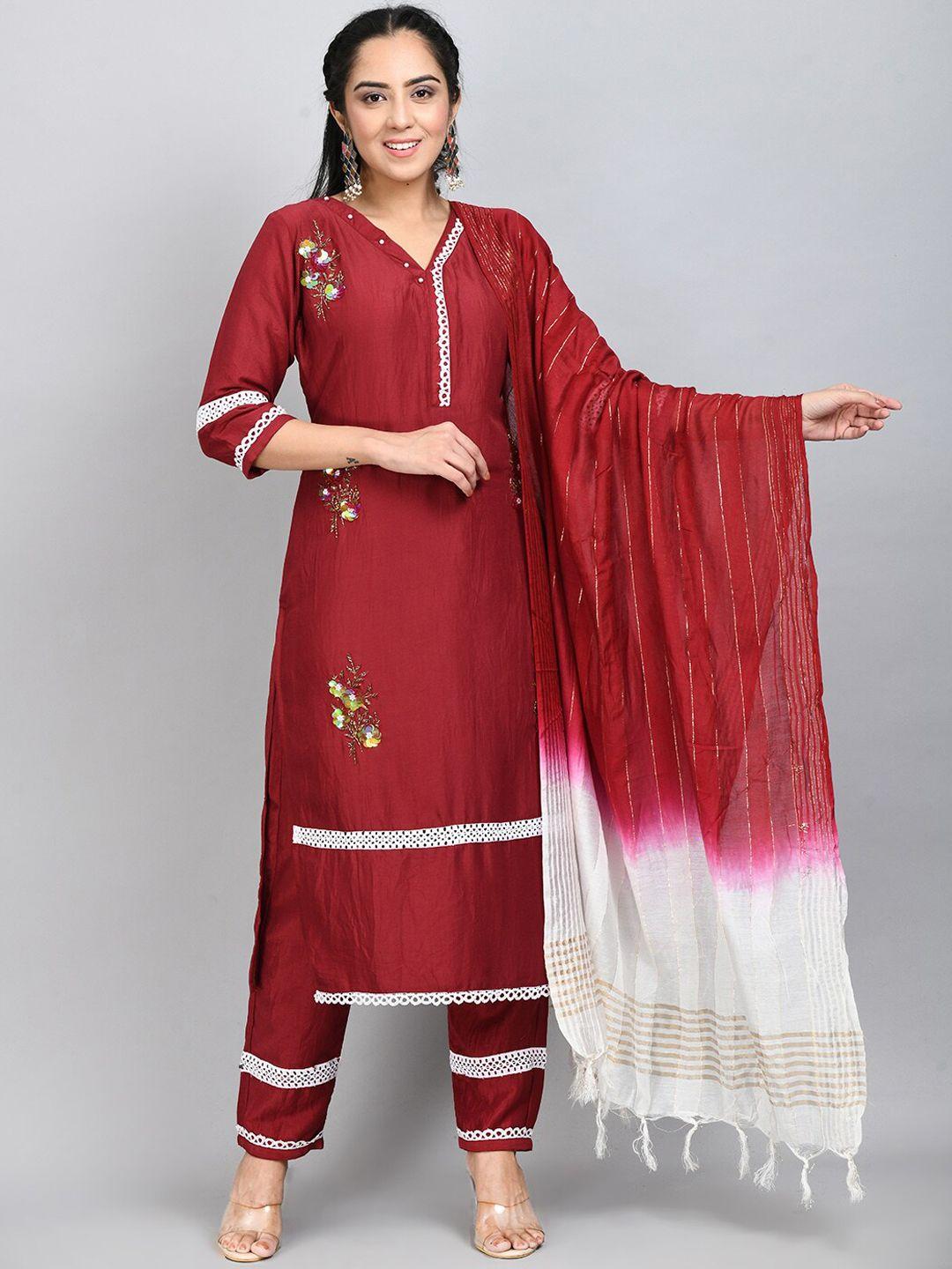 desinoor com women ethnic motifs embroidered beads & stones kurta with trousers & dupatta