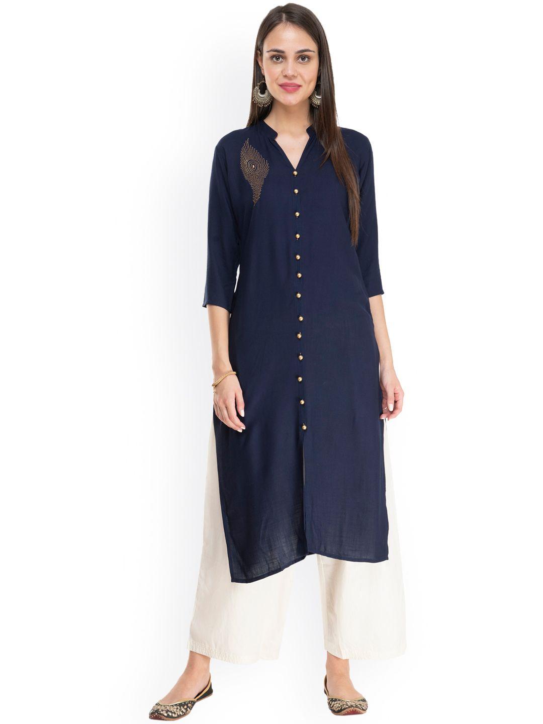 desinoor com women navy blue & yellow embellished kurta