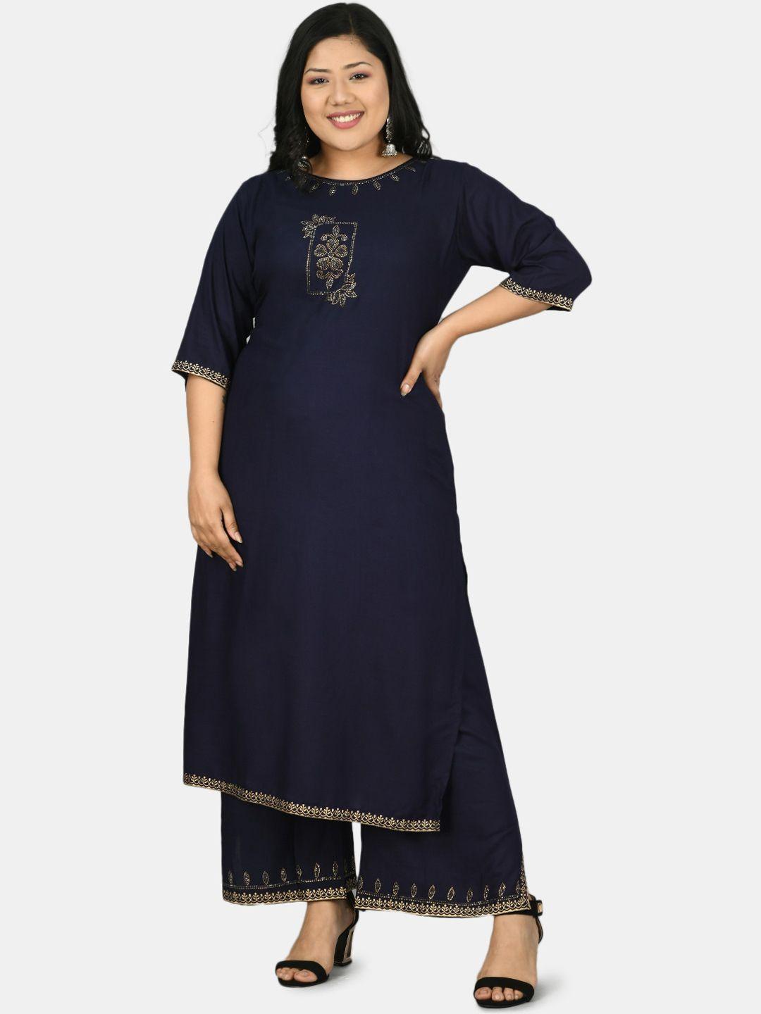 desinoor com women navy blue embellished kurta with palazzos