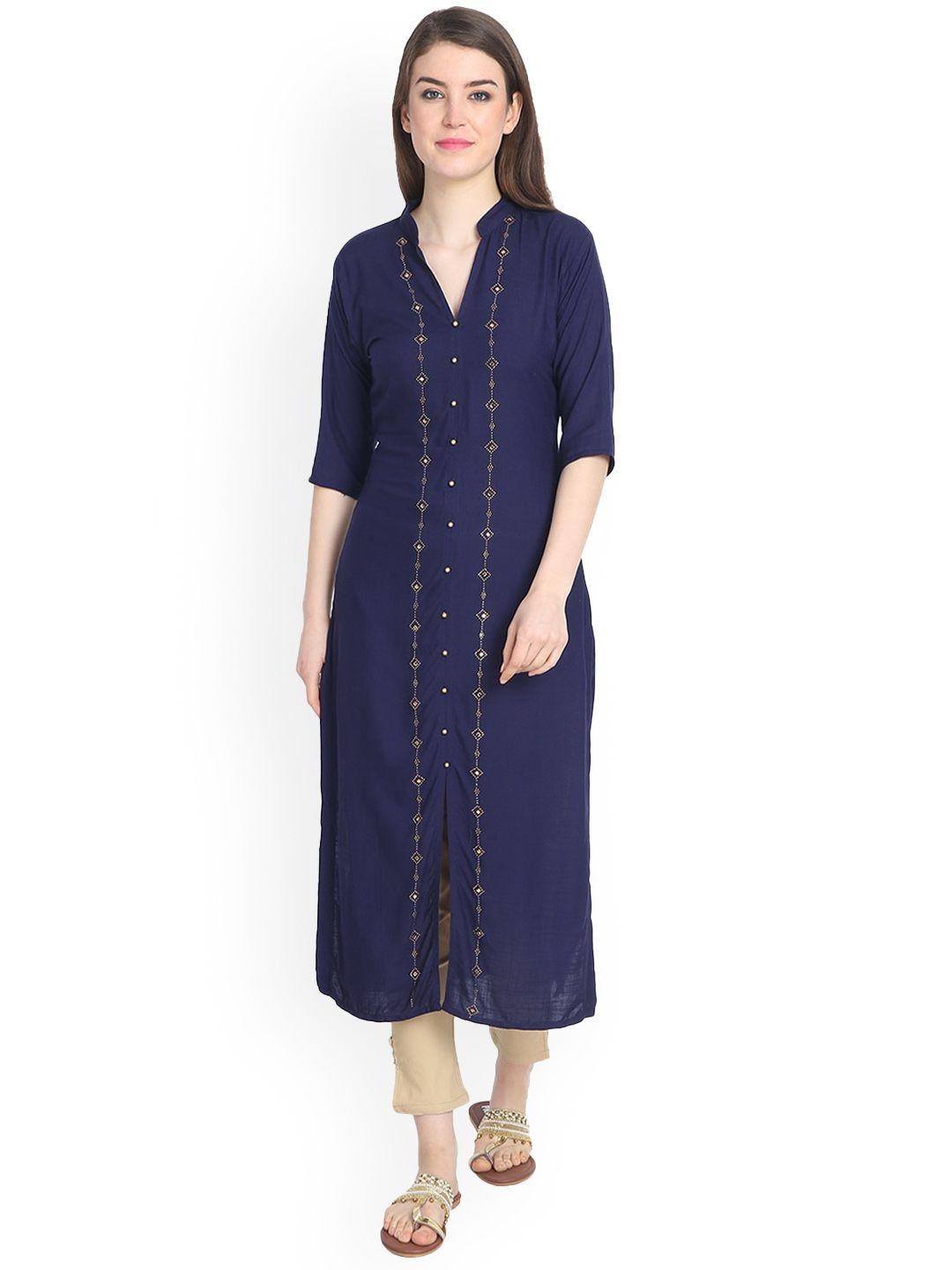 desinoor com women navy blue embroidered mirror work kurta