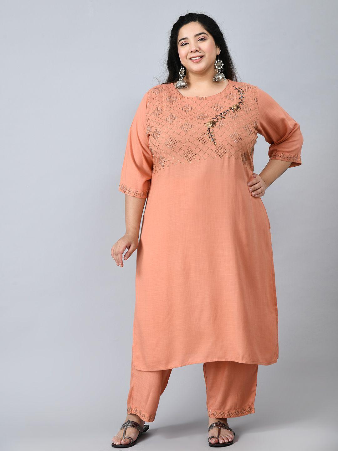 desinoor com women peach-coloured beads & stones kurta with trousers
