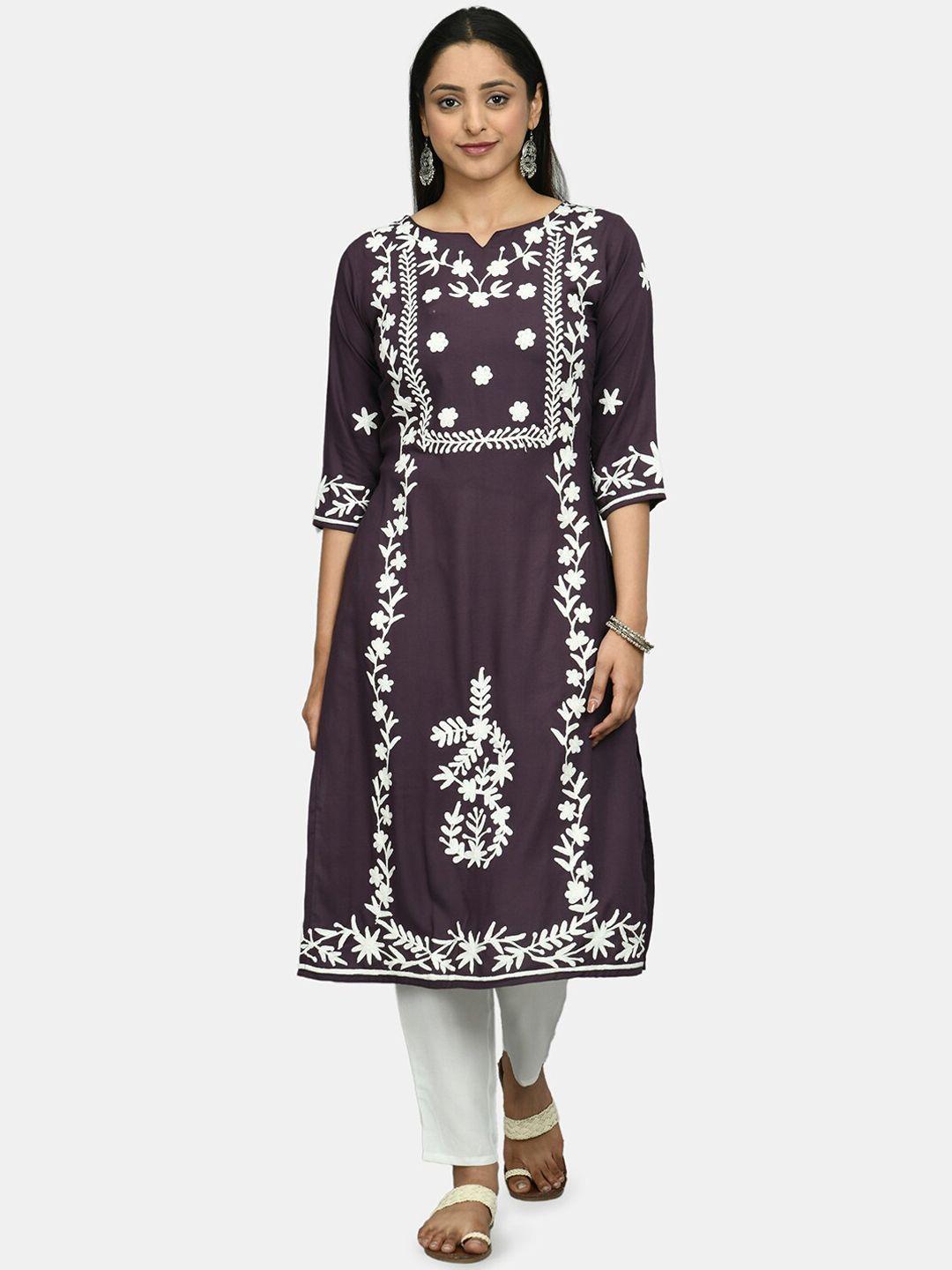 desinoor com women purple floral embroidered regular kurta with trousers & with dupatta