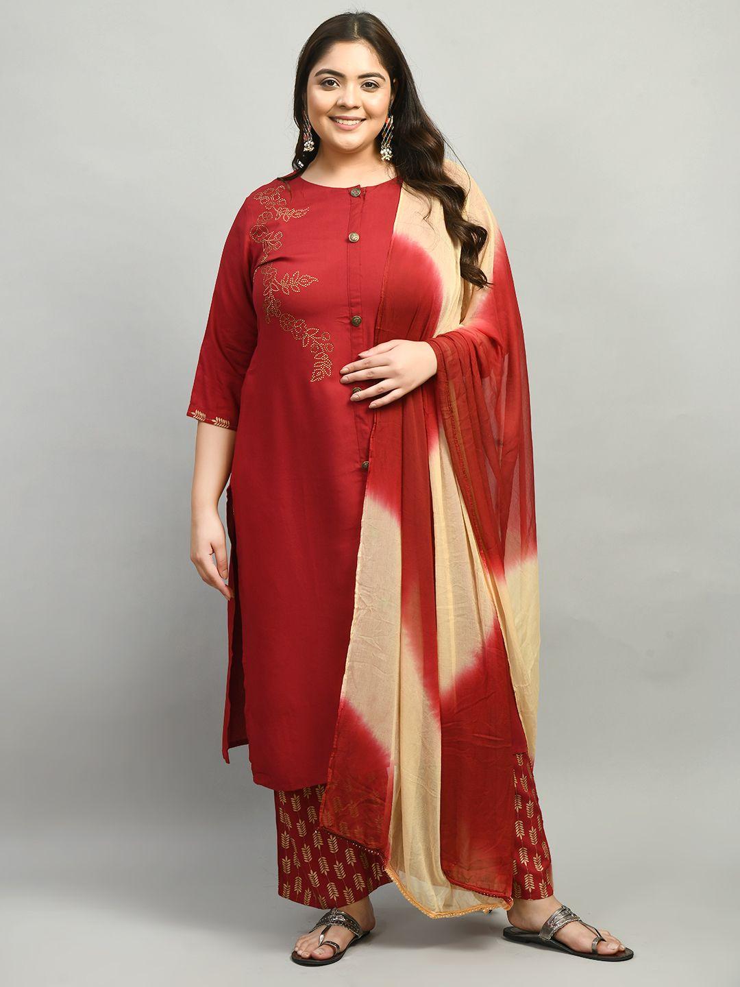 desinoor com women red ethnic motifs embellished kurta with palazzos & dupatta