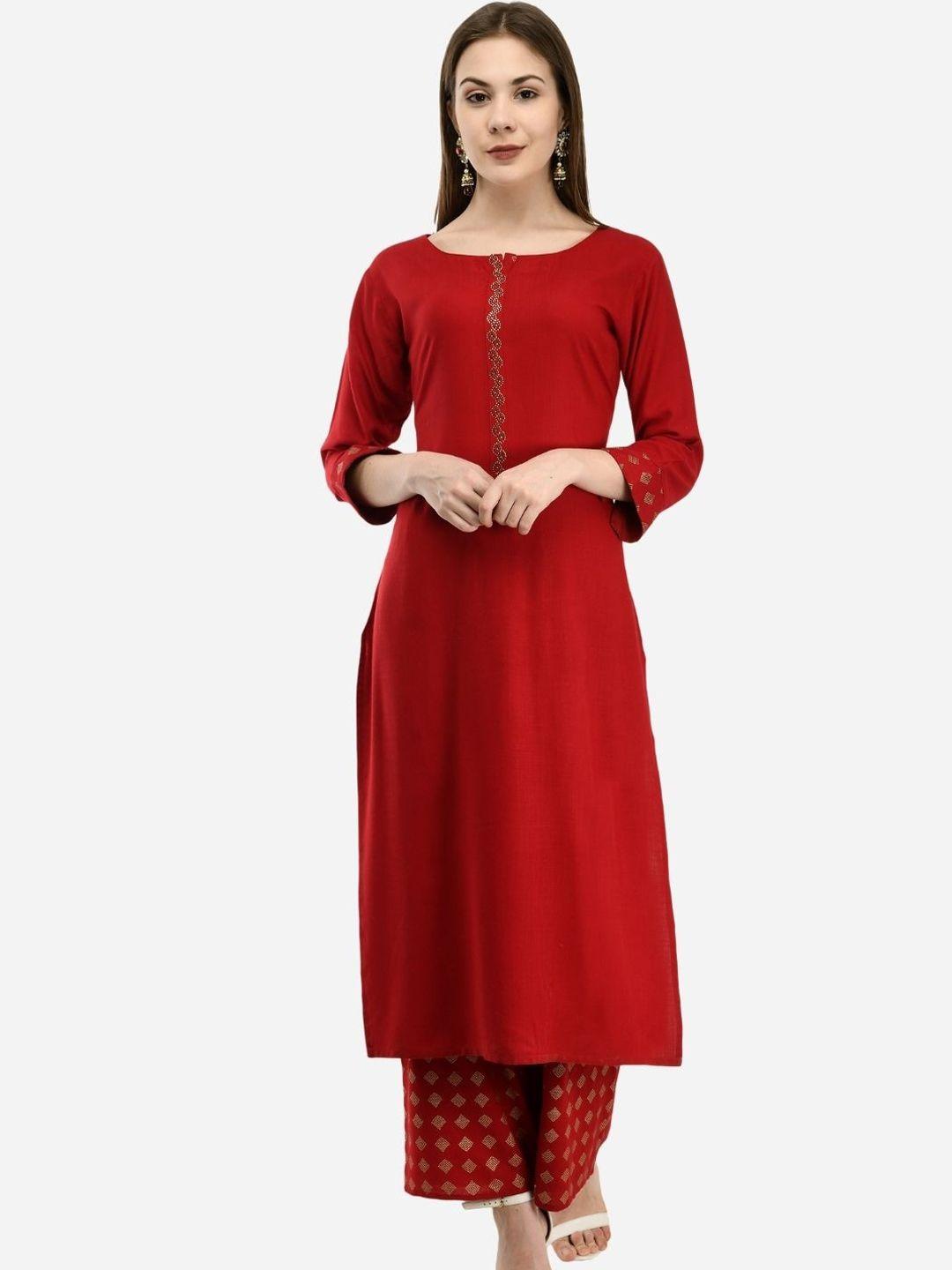 desinoor com women red pleated beads and stones kurta with palazzos