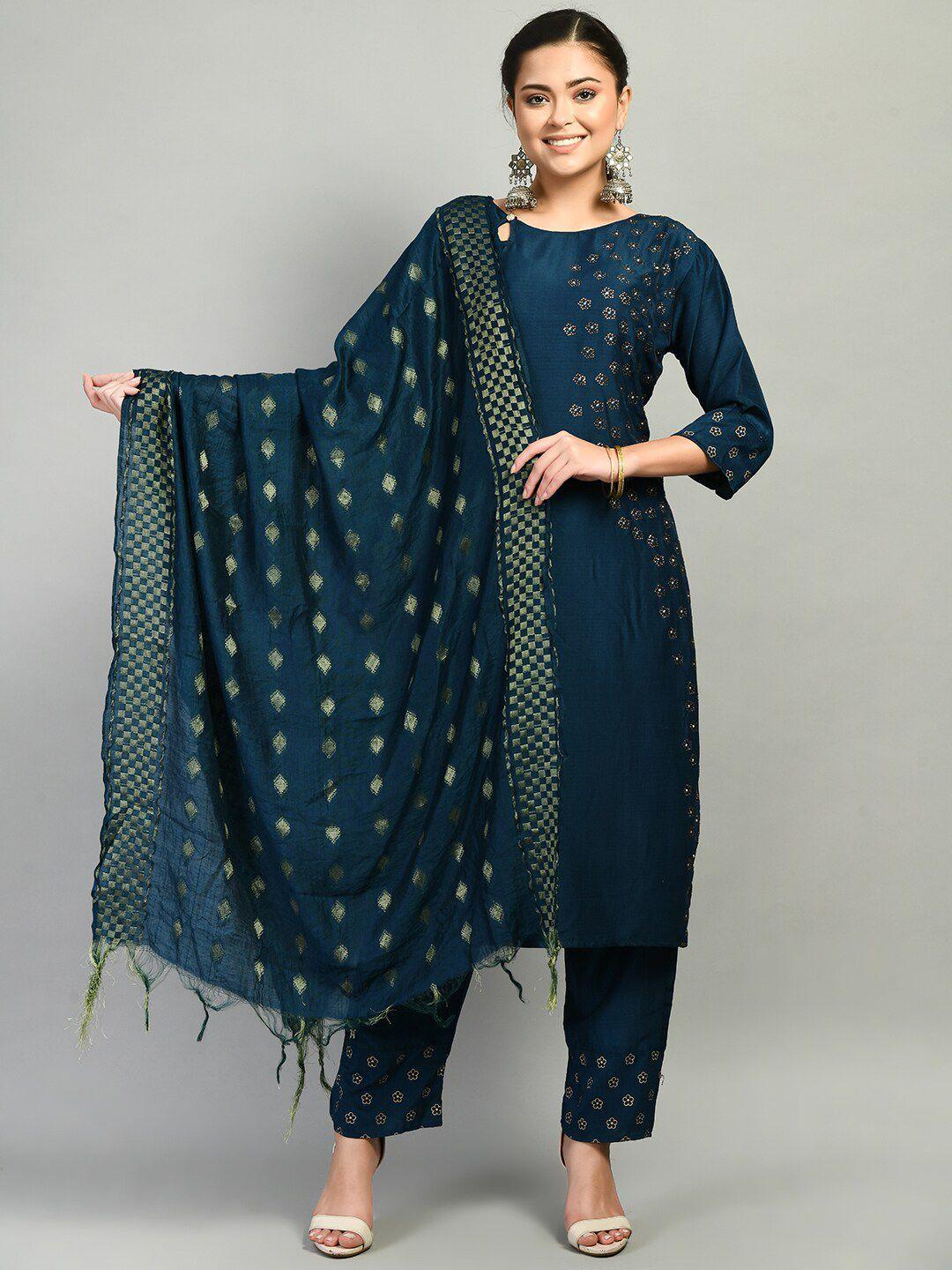 desinoor com women teal ethnic motifs embroidered beads and stones kurta with trousers & with dupatta