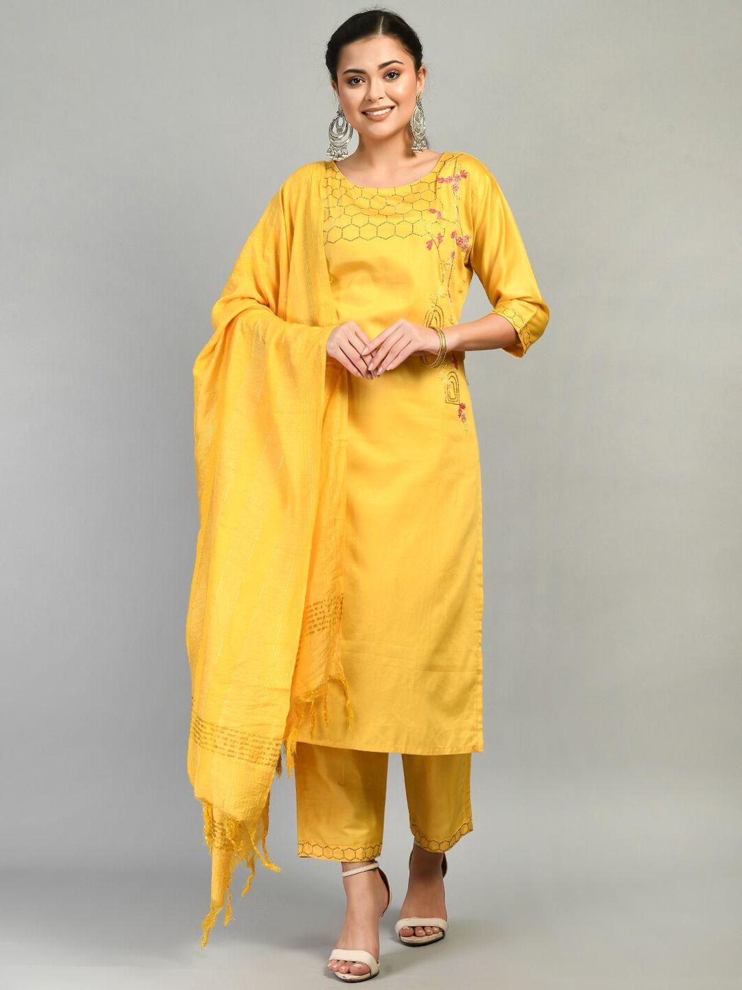 desinoor com women yellow embroidered beads and stones kurta with trousers & with dupatta