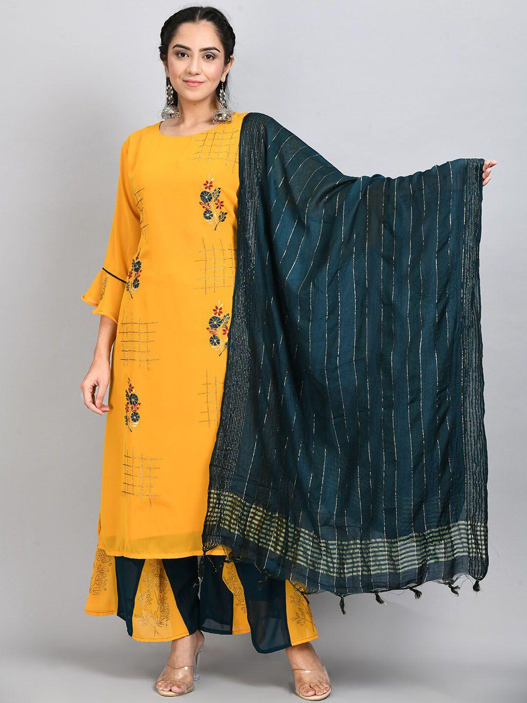 desinoor com women yellow floral embroidered thread work kurta with palazzos & dupatta