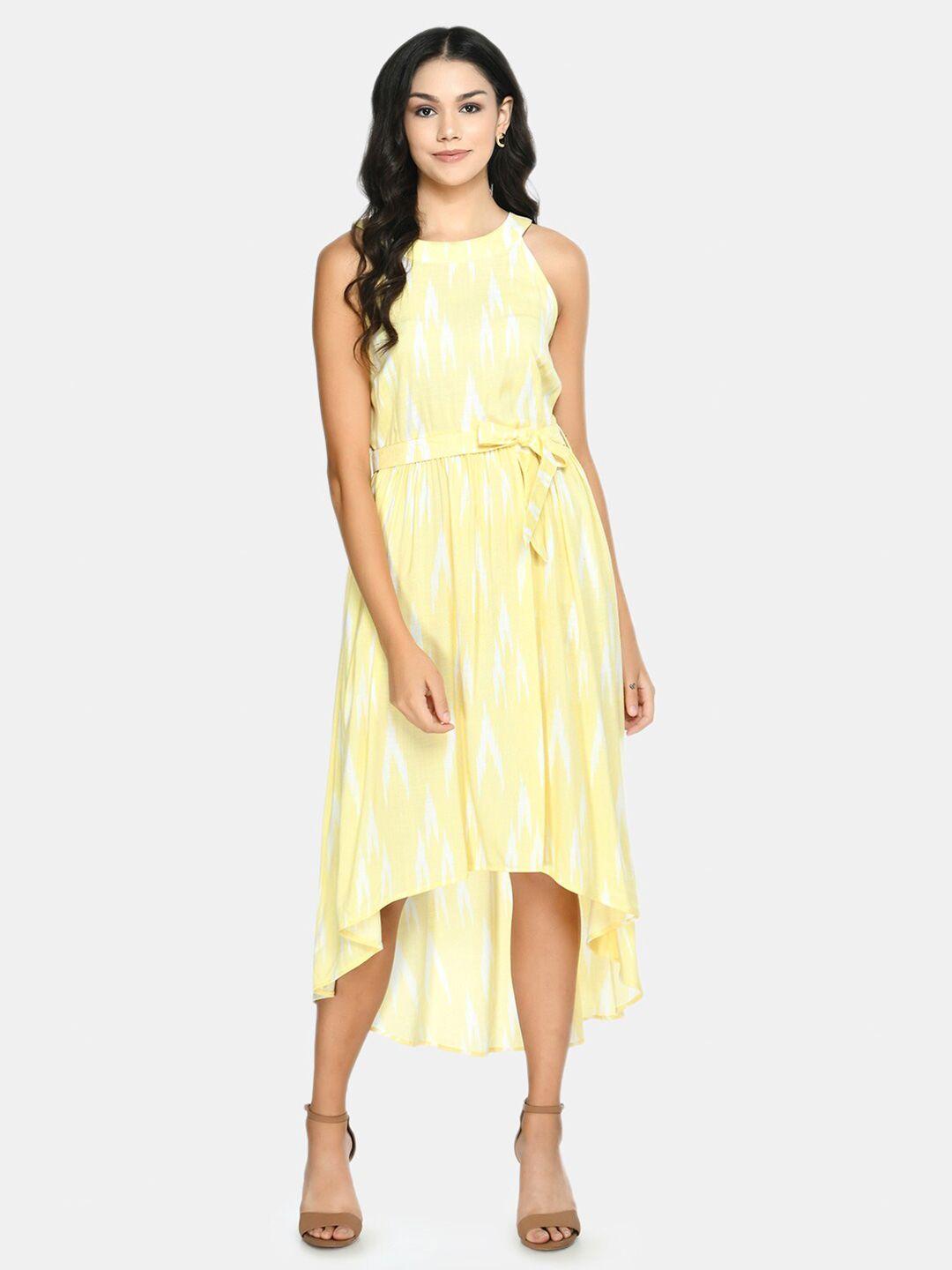 desinoor com yellow & white printed a-line high low midi dress