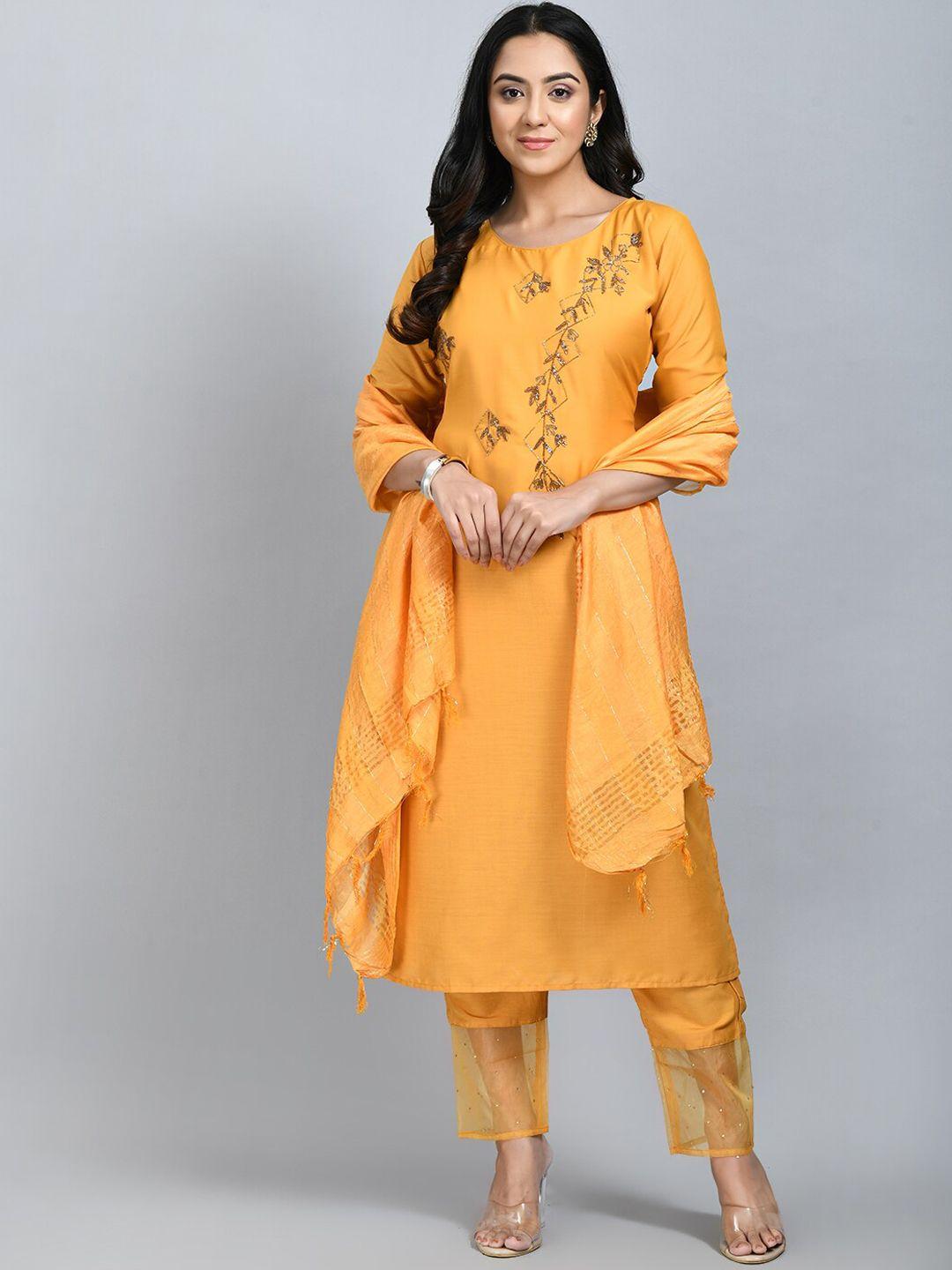 desinoor.com women yellow floral embroidered kurta with trousers & with dupatta