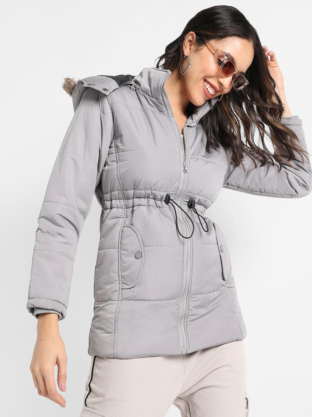 detachable hood puffer jacket with fur details