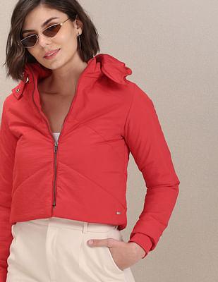 detachable hood solid cropped jacket