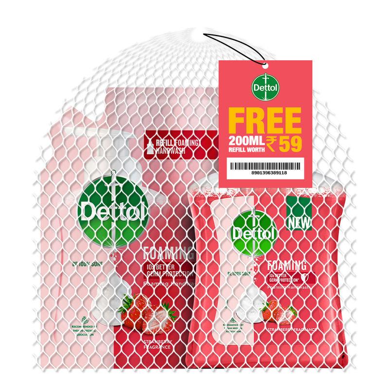 dettol foaming handwash pump+refill combo, strawberry rich foam moisturizing hand wash soft on hands