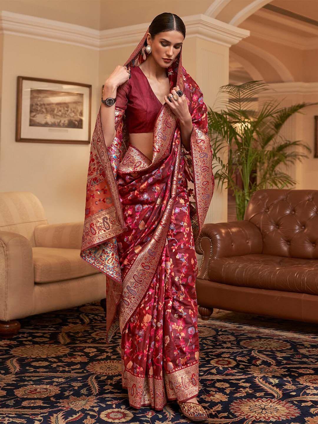 devatithi maroon pashmina saree