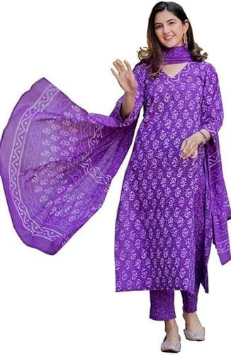devidino cotton printed women palazzo suit & dupatta set - purple (xl)