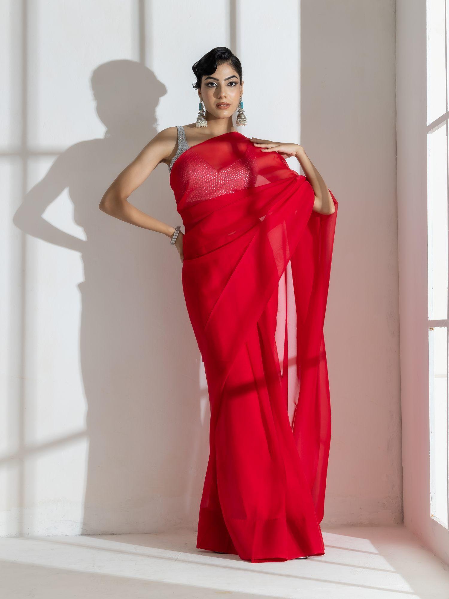 devil red soft organza saree with long beaded gold latkan and unstitched blouse