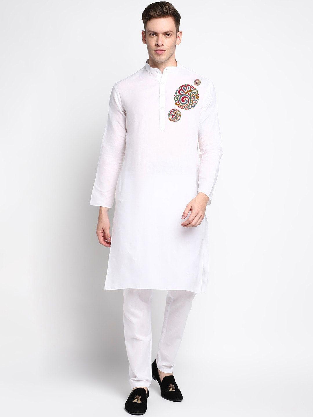 devoiler ethnic motifs printed band collar white romance straight kurta with pyjamas