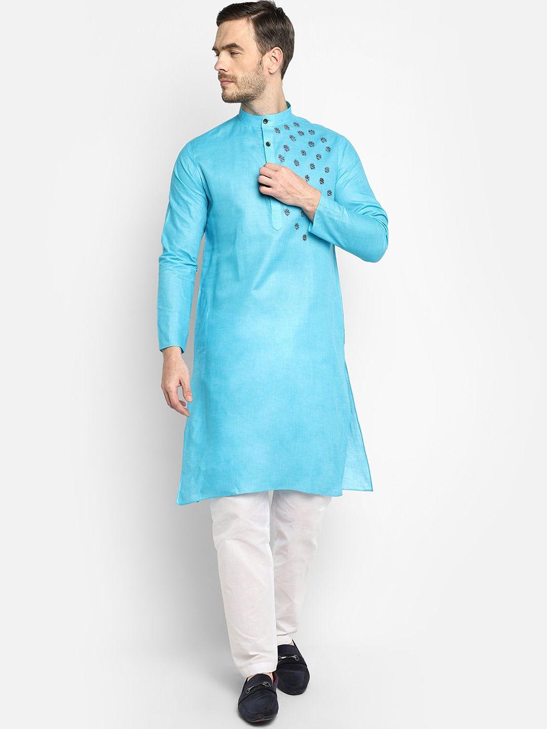 devoiler men blue & black printed cotton straight kurta