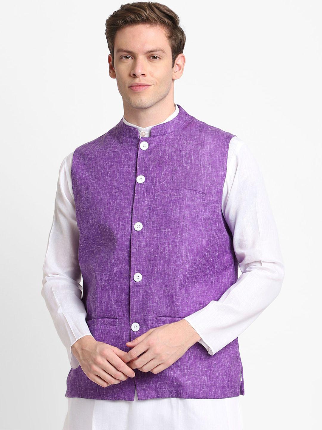 devoiler men purple self design woven nehru jacket