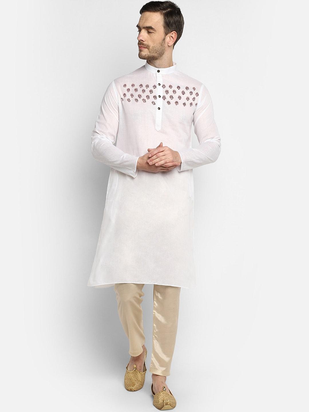 devoiler men white ethnic motifs embroidered kurta with pyjamas