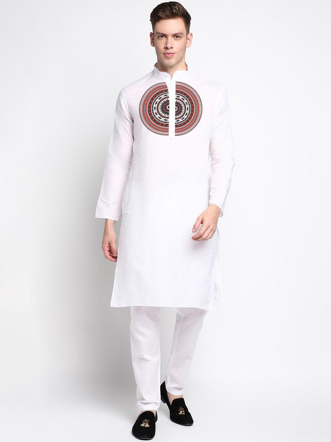 devoiler ethnic motif printed mandarin collar regular straight kurta with pyjamas