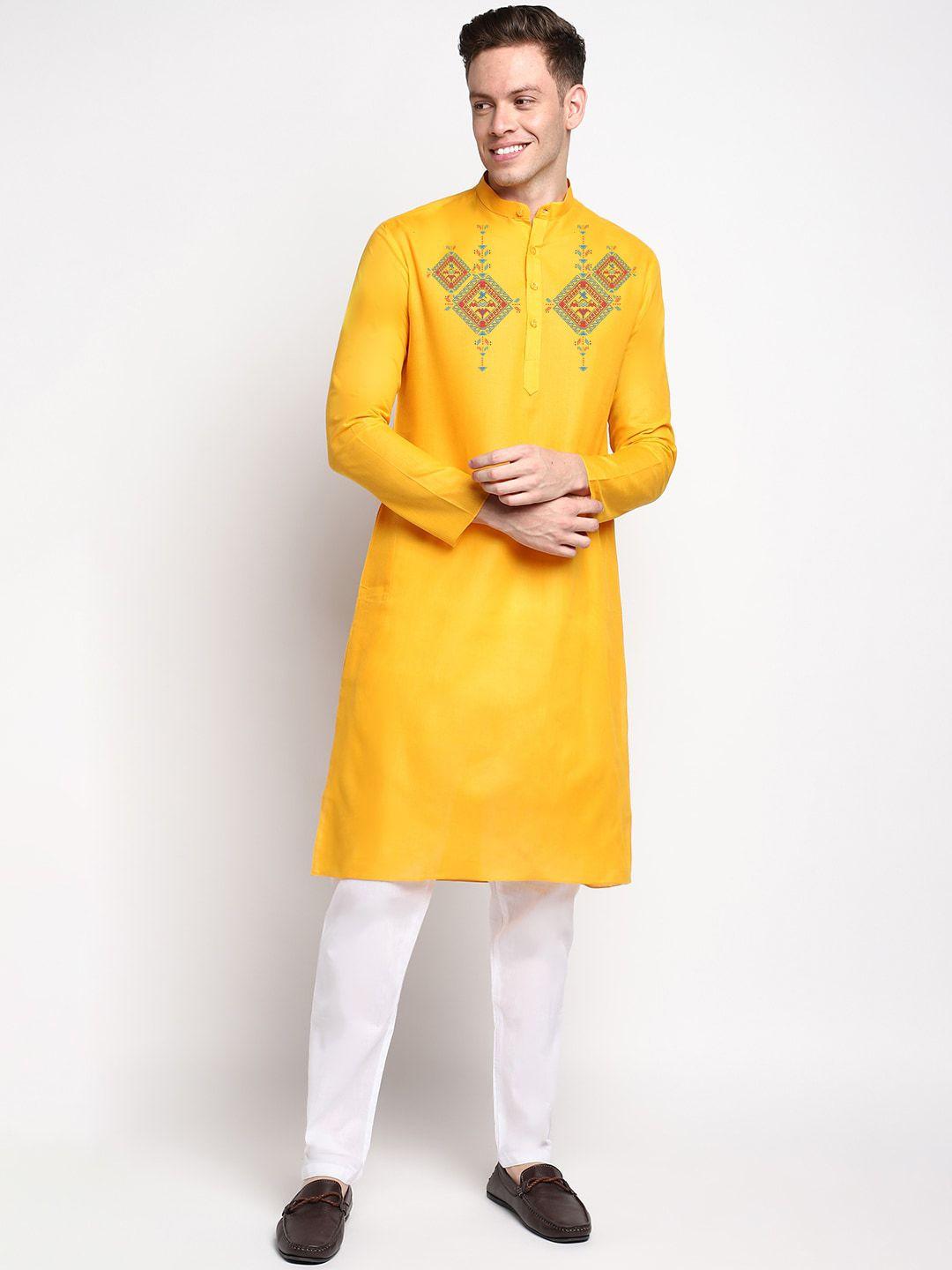 devoiler ethnic motifs printed band collar long sleeve straight kurta with pyjama