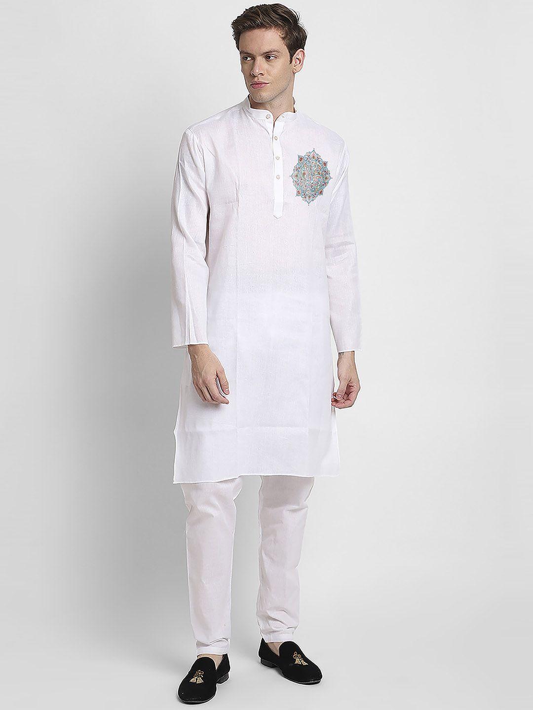 devoiler ethnic motifs printed band collar straight kurta with pyjama