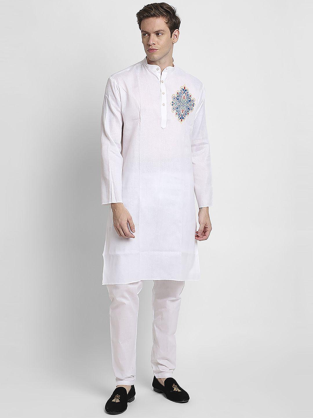 devoiler ethnic motifs printed band collar white romance straight kurta with pyjamas
