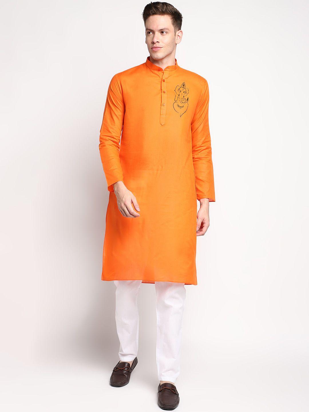 devoiler ganesh printed band collar straight kurta with pyjama