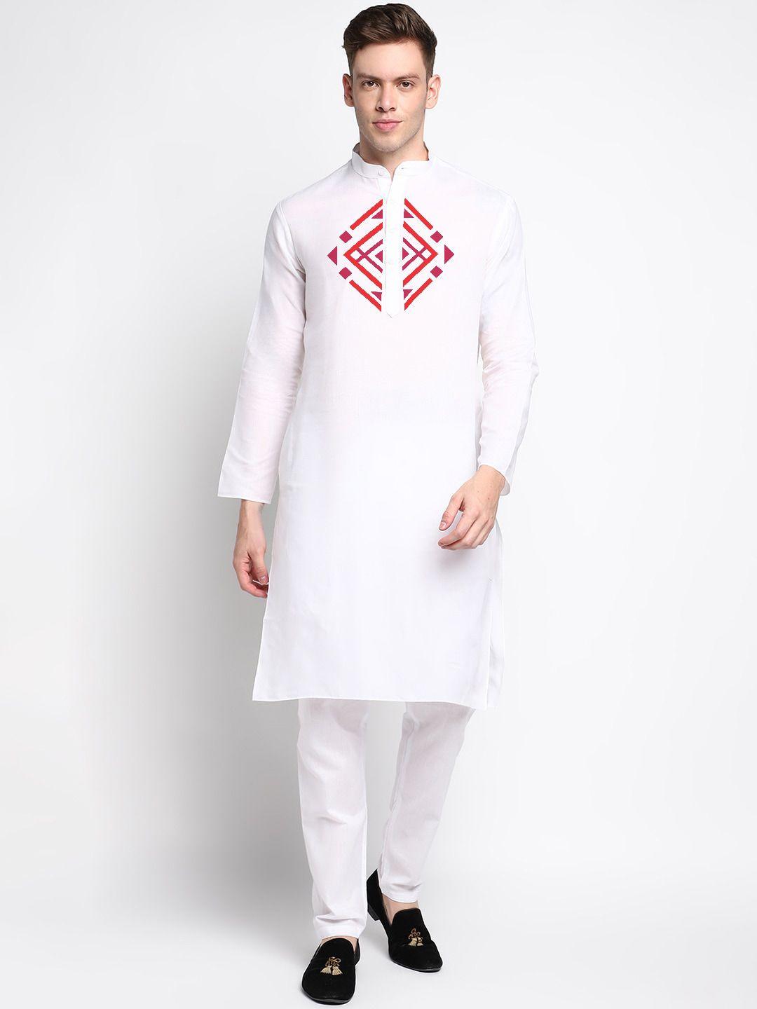devoiler geometric printed band collar straight kurta with pyjama